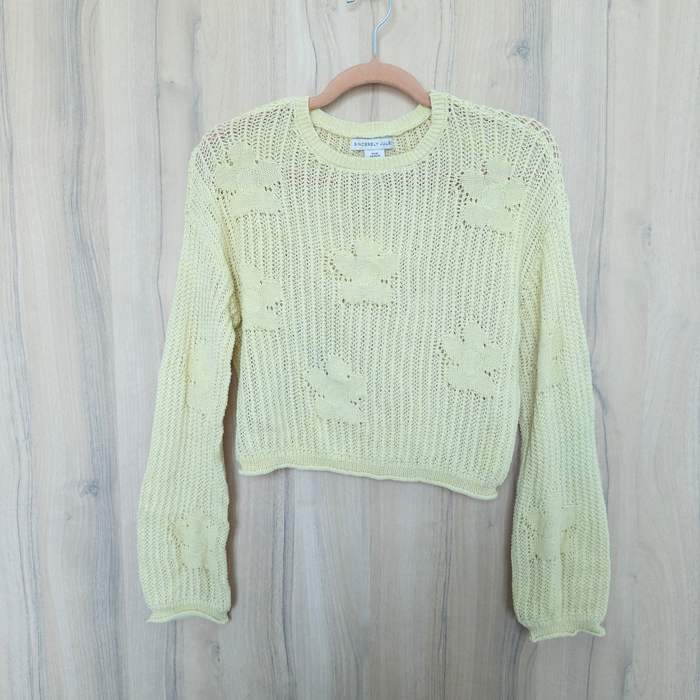 Sincerely Jules Floral Sweater XS Butter Yellow Open Knit Crop Cottage Pastel